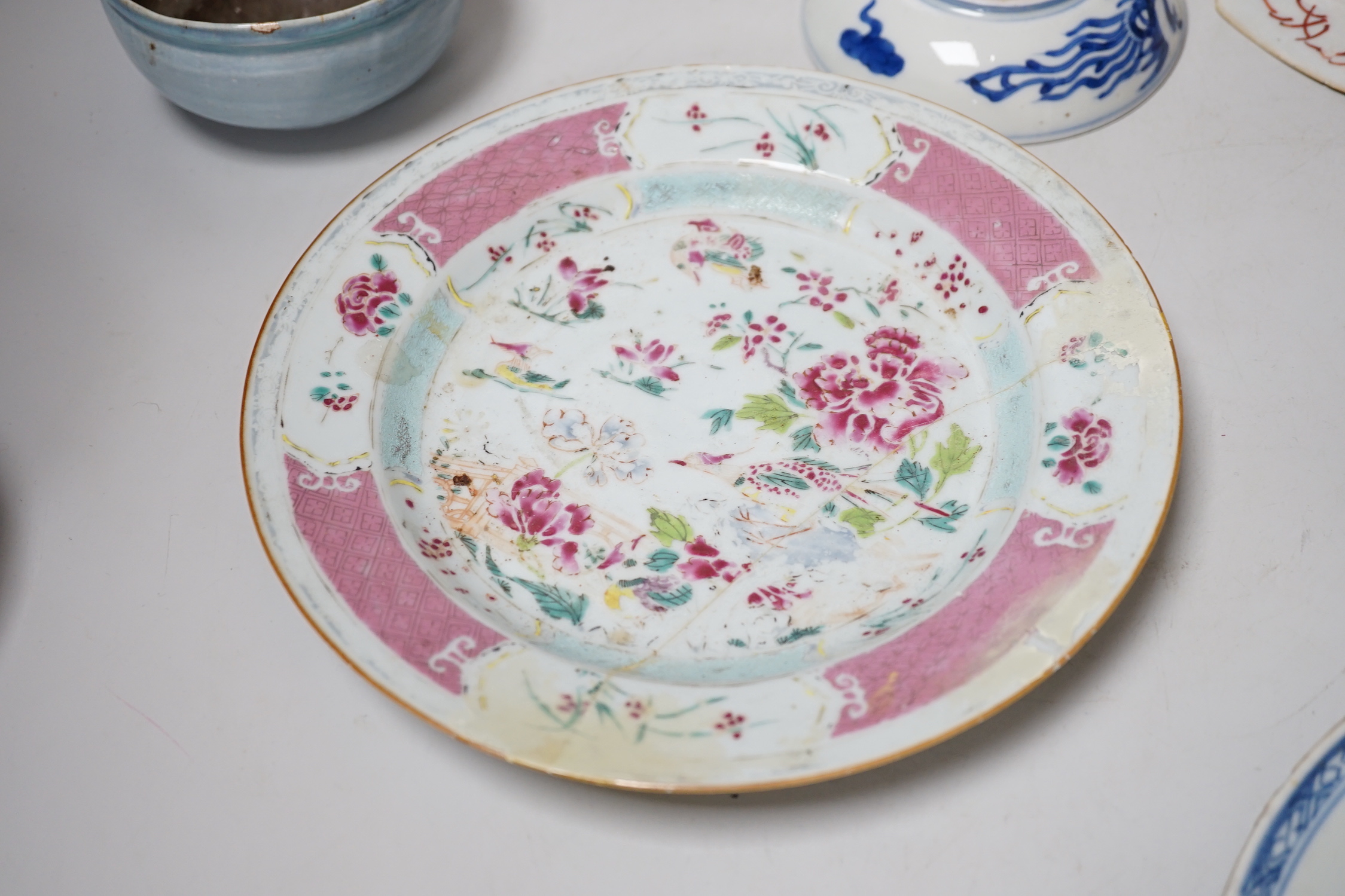 Two 18th century Chinese export plates and four Chinese bowls/dishes, largest 22cm diameter